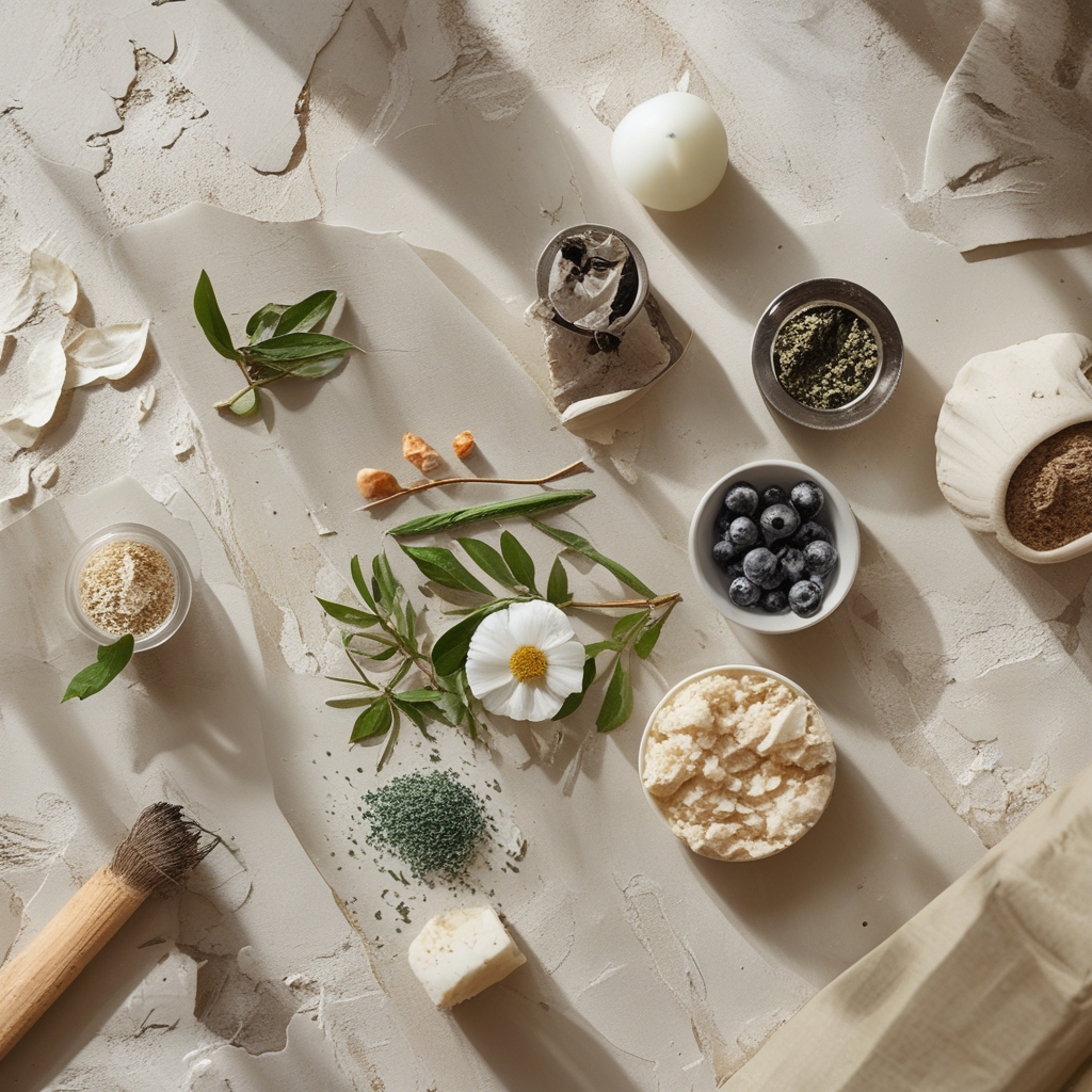 Deretan bahan alami perawatan kulit diletakkan di atas permukaan marmer putih: botol minyak jojoba, potongan lidah buaya segar, kelapa paruh, dan biji-bijian dengan pencahayaan studio yang bersih